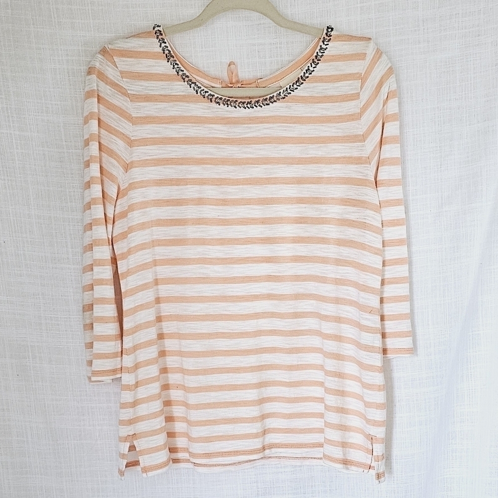 Chico's Striped Embellished Crew Neck 3/4 Sleeves Women's Top Size 1